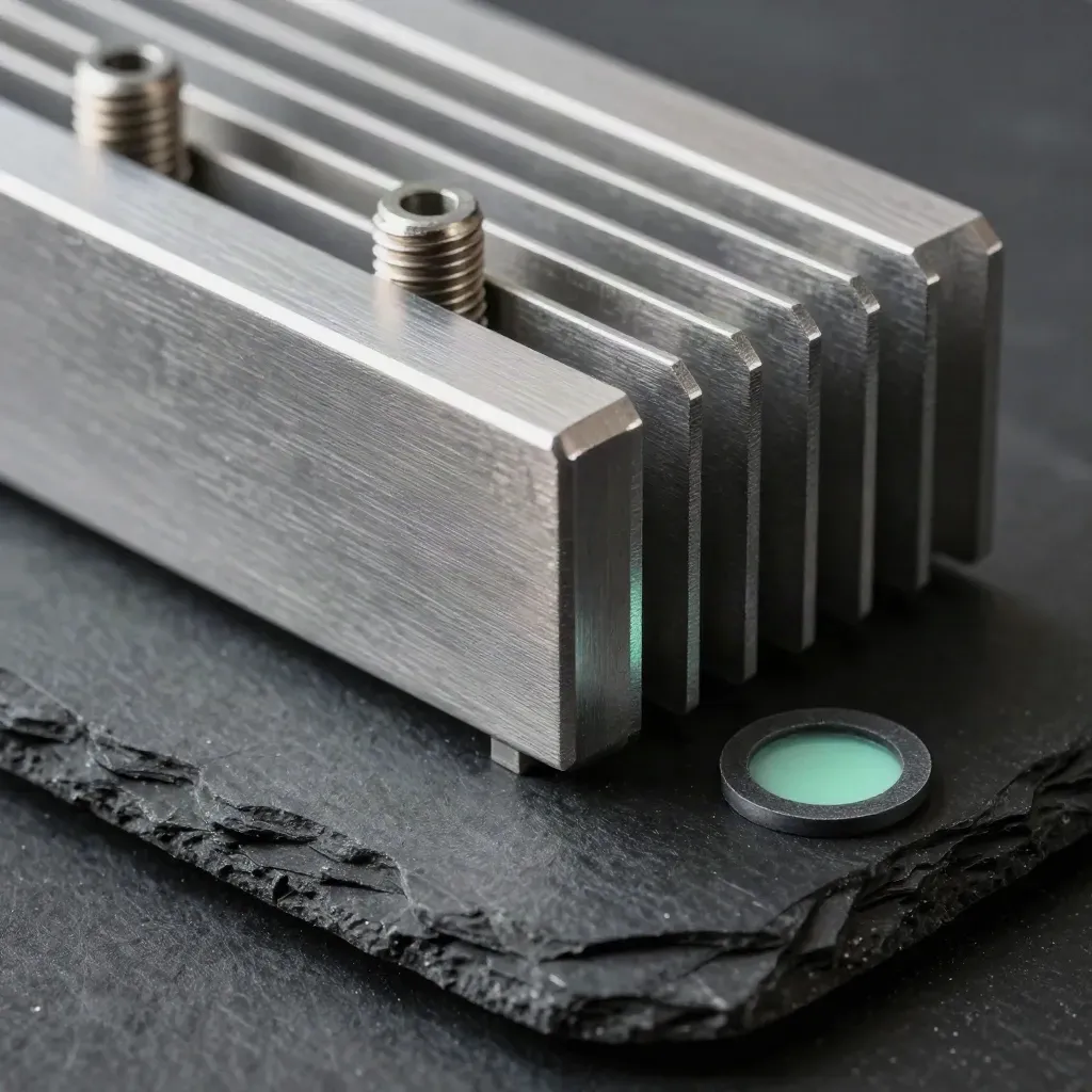 Extreme macro of anodized heat-sink fins, standoffs and a graphite gasket on black slate.