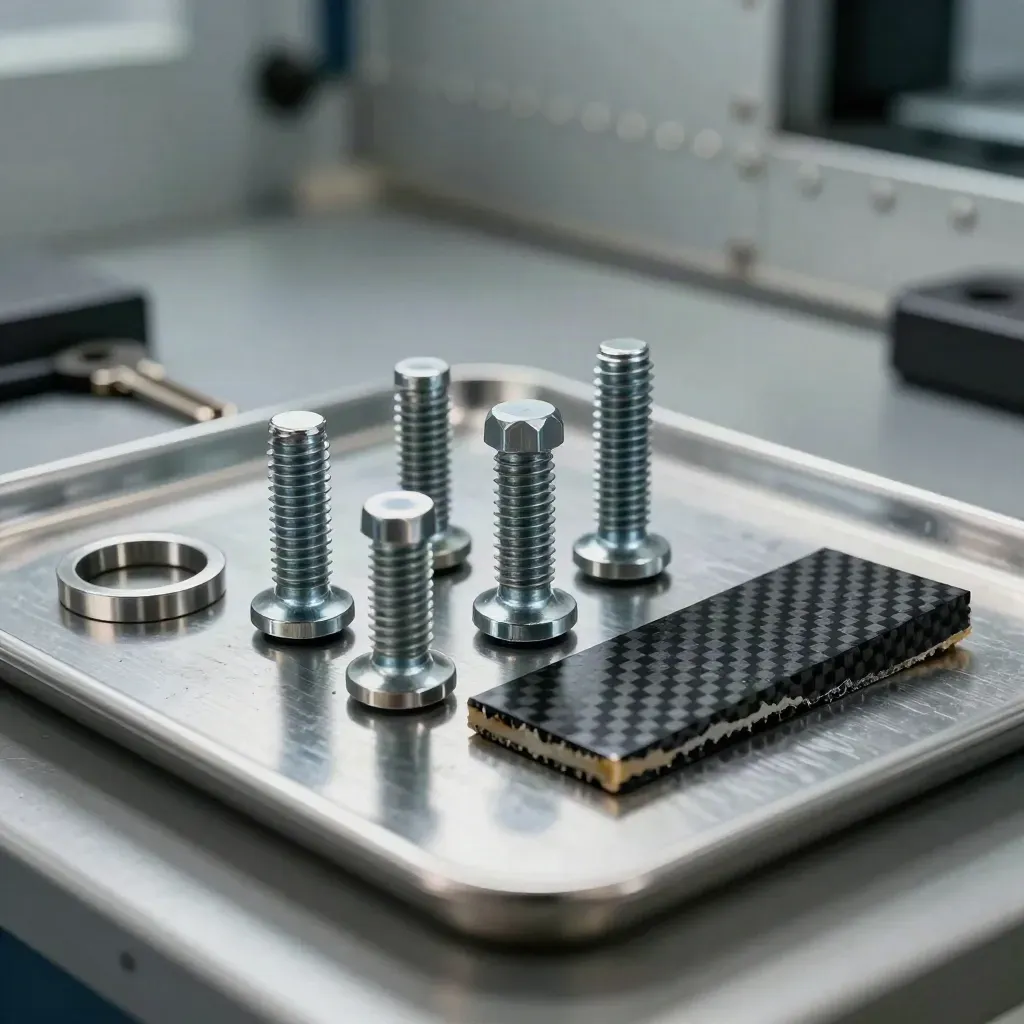 Aerospace fasteners, carbon-fiber offcuts, and a milled gasket ring on brushed steel.