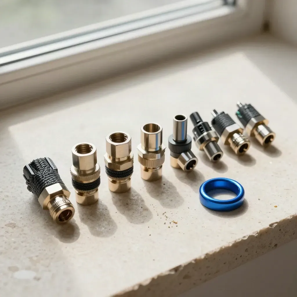 Overhead still life of precision connectors and braided cable ends on pale limestone.