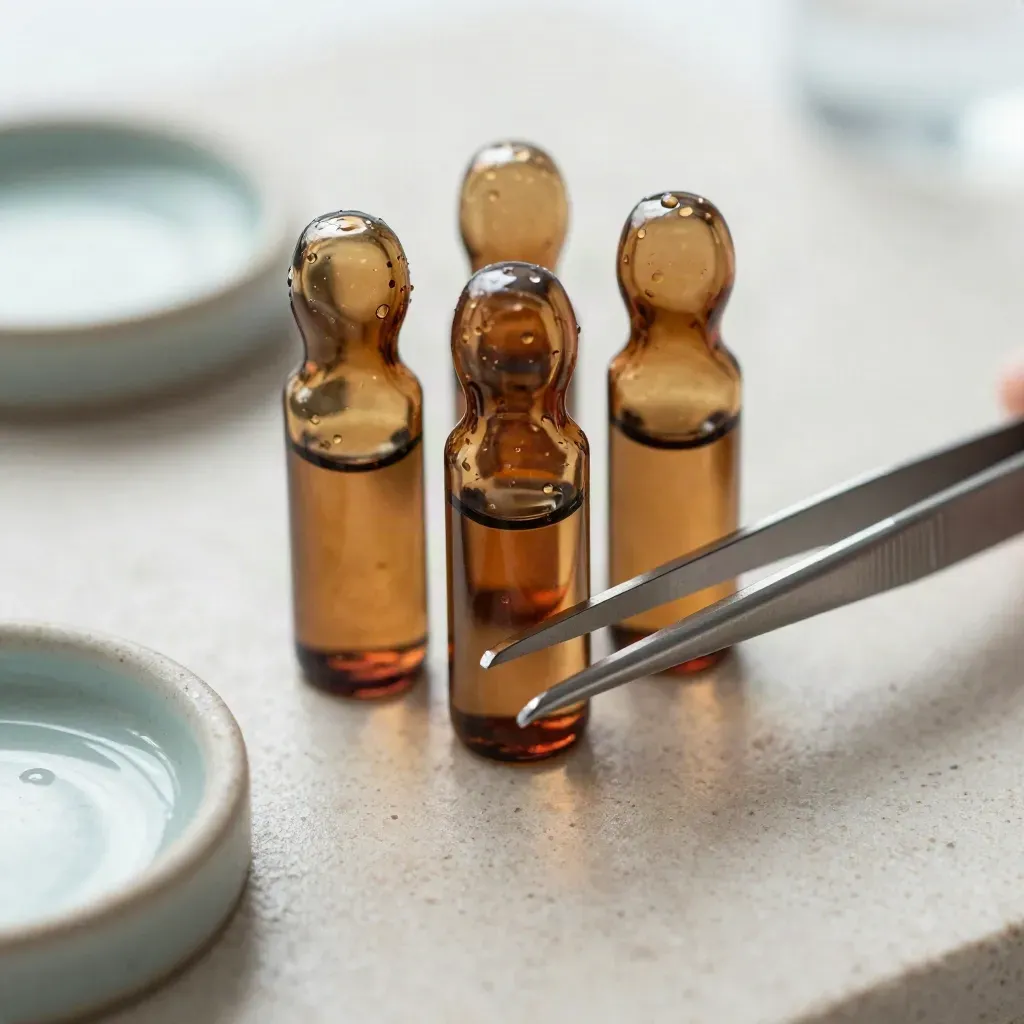 Amber vials, steel tweezers and a ceramic dish on pale stone with mint-tinted vapor