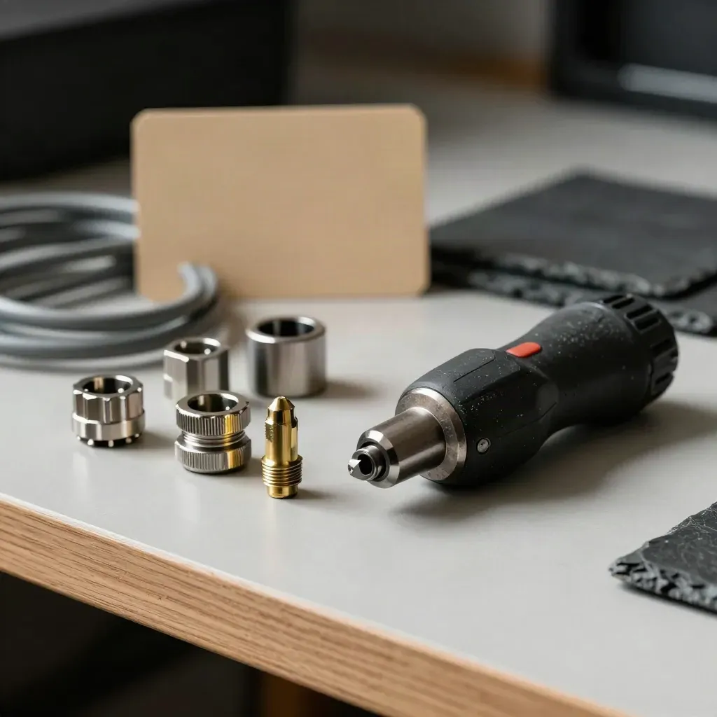 Electrical installation kit on pale wood with sockets, glands, ferrules, and torque driver.