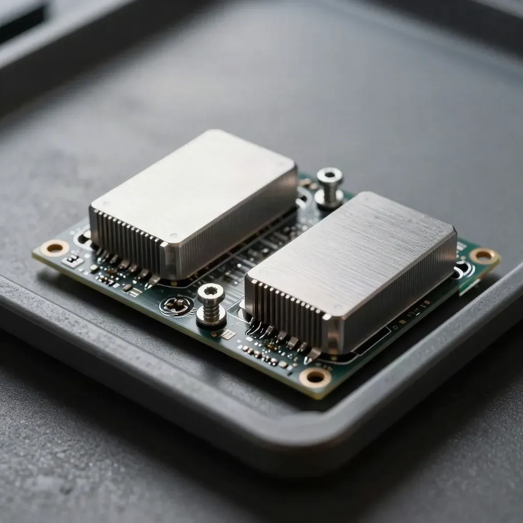 Brushed-aluminum compute modules with exposed heatsinks and two screws on a graphite tray.