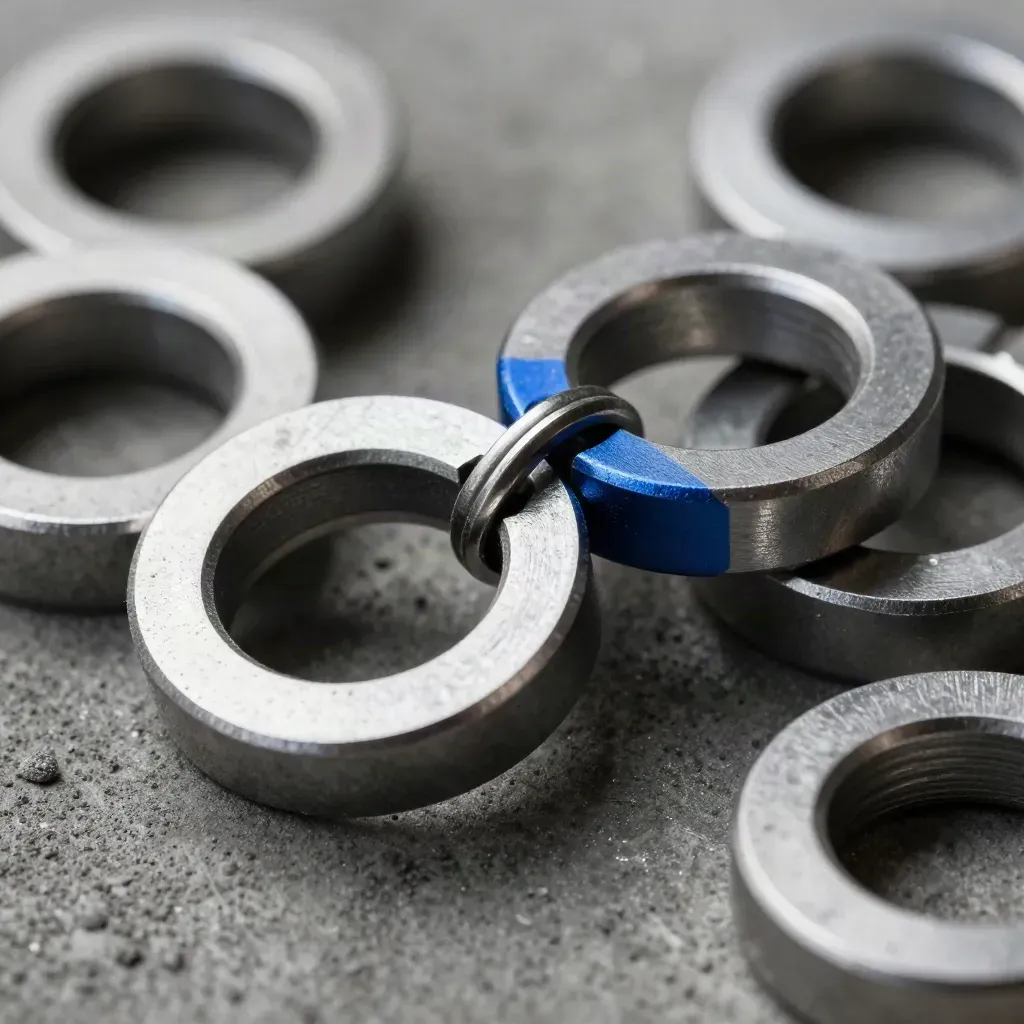 Macro of machined rings, spring clamp and spacer on dark concrete with electric blue accent