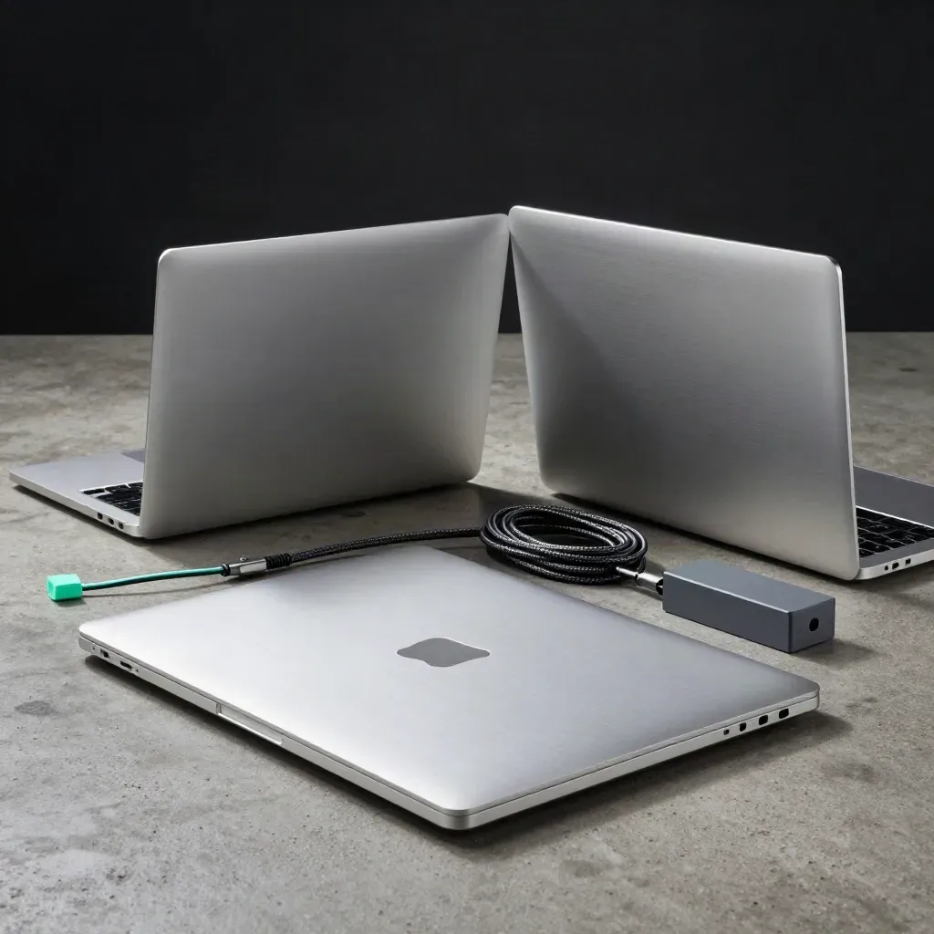 Two closed laptops with a braided cable and dock on concrete, dramatic low side light.