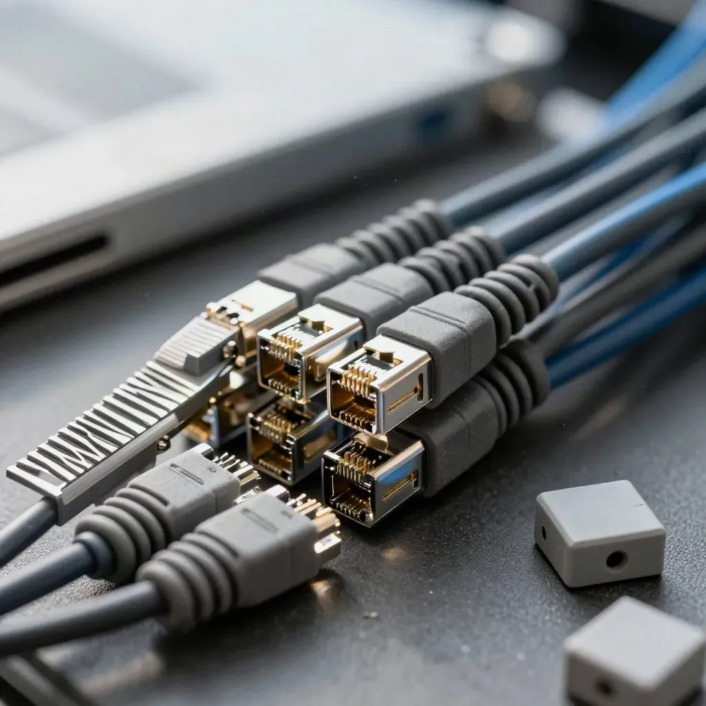 Macro of aligned patch cables and RJ45 ends with a cable comb on graphite felt.