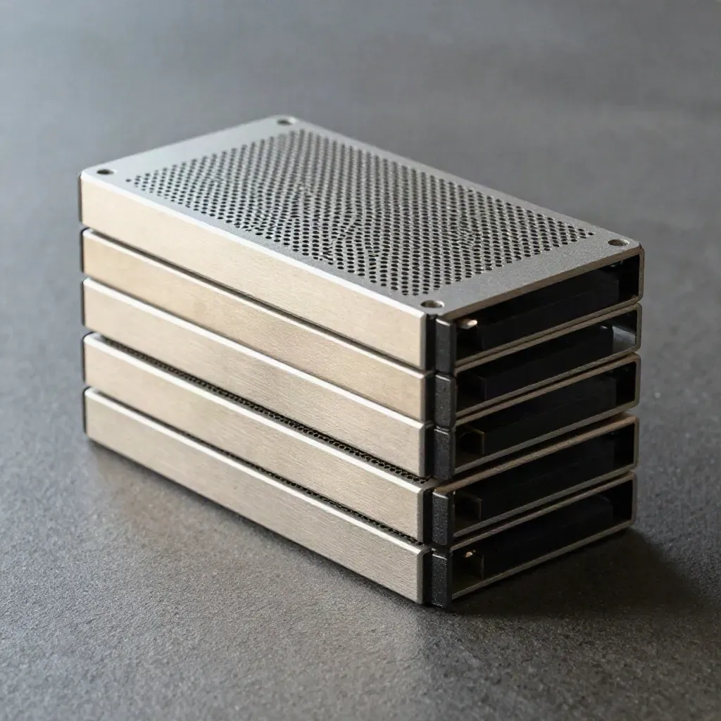 Stacked SSD cache drives in brushed metal caddies on graphite, lit by soft daylight.