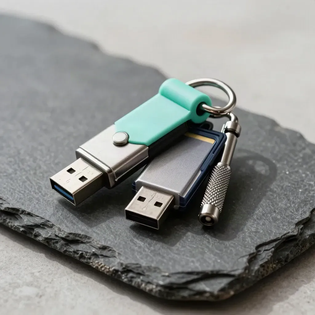 Macro still life of a deployment USB key, SD sleeve, and torx driver on stone