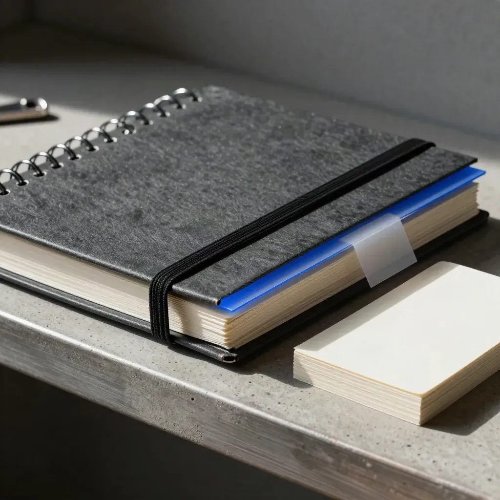 Closed onboarding binder, elastic-bound notebook, and index cards on a concrete shelf