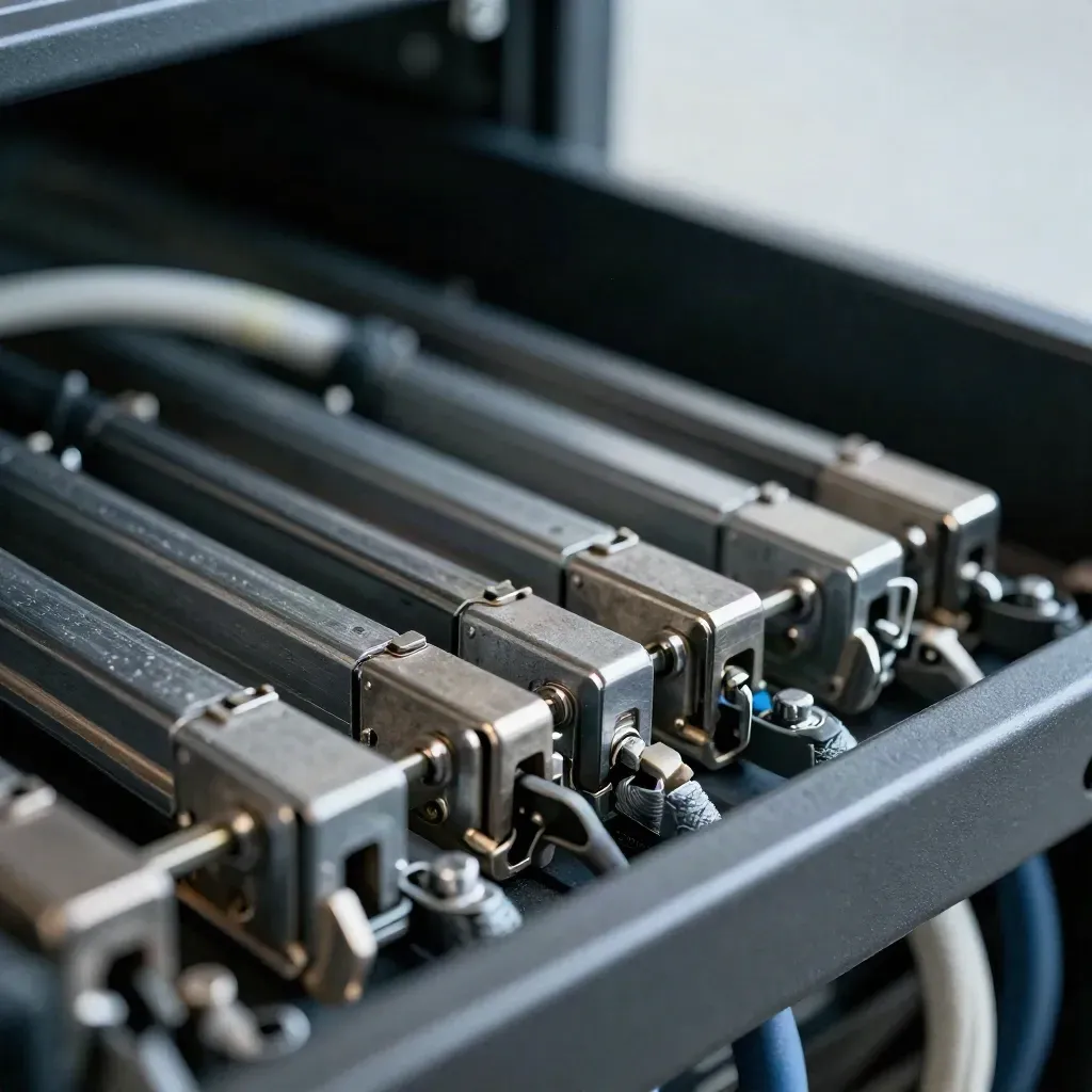 Server rail hardware and cable clips in a rack tray, seen through a blurred cable