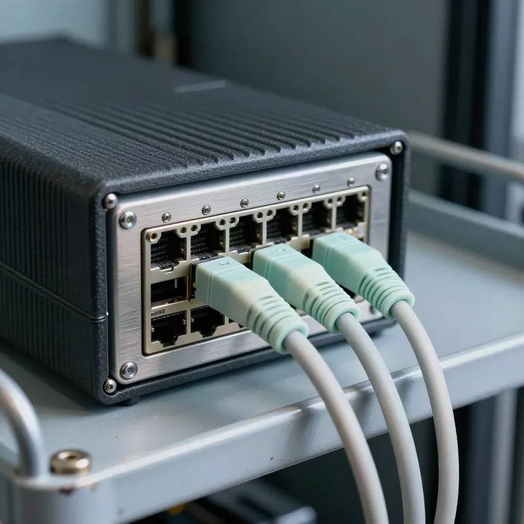 Macro still life of UPS hardware, switch faceplate, and patch leads on a service cart