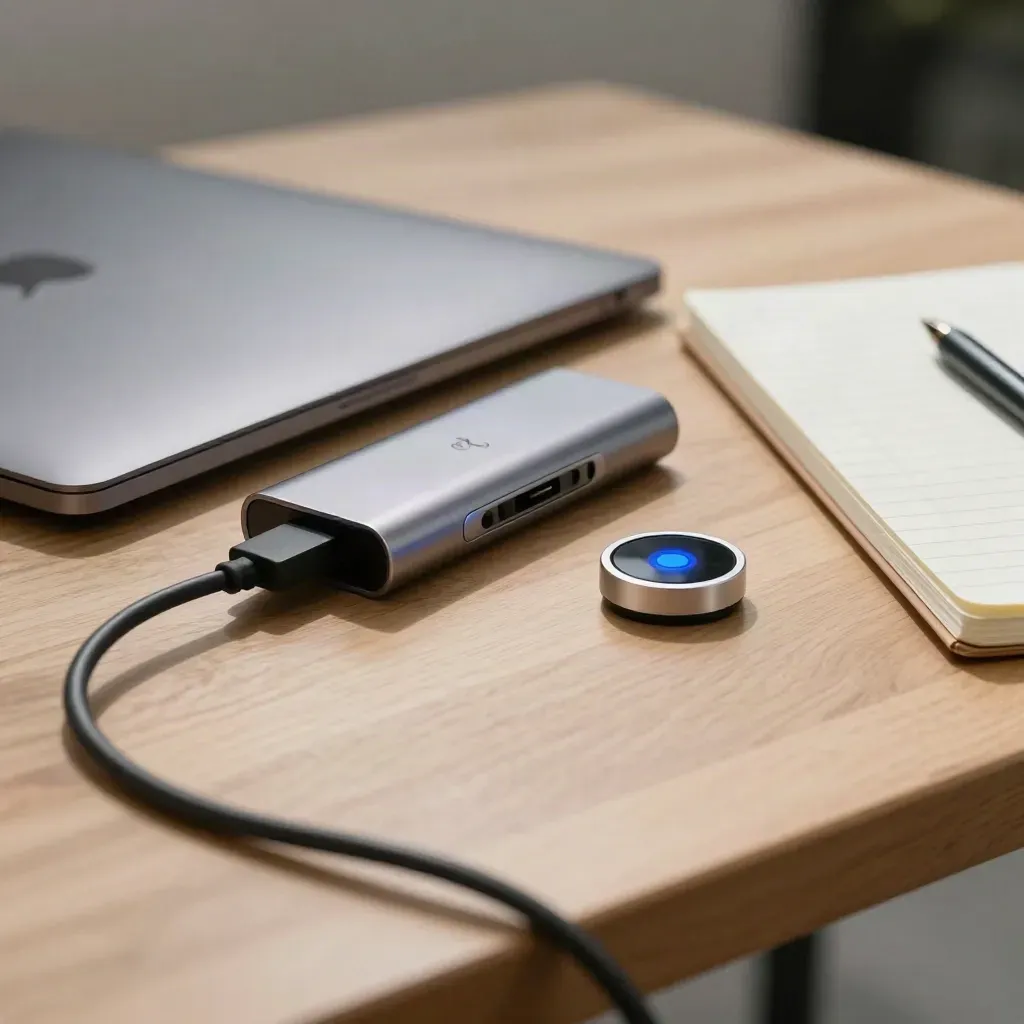 Closed ultrabook, USB hub, hardware token and notebook on a pale wood bench in dramatic studio light.