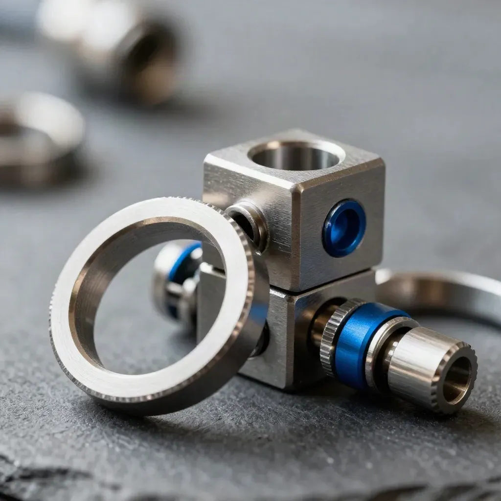Macro still life of machined aluminum rings, connector block and cable coupler on graphite.