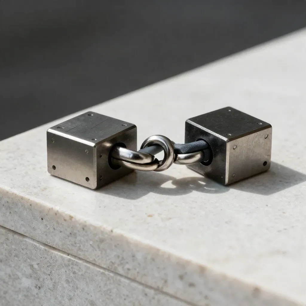 Stainless loop rings and magnetic blocks on pale stone in dramatic low light.