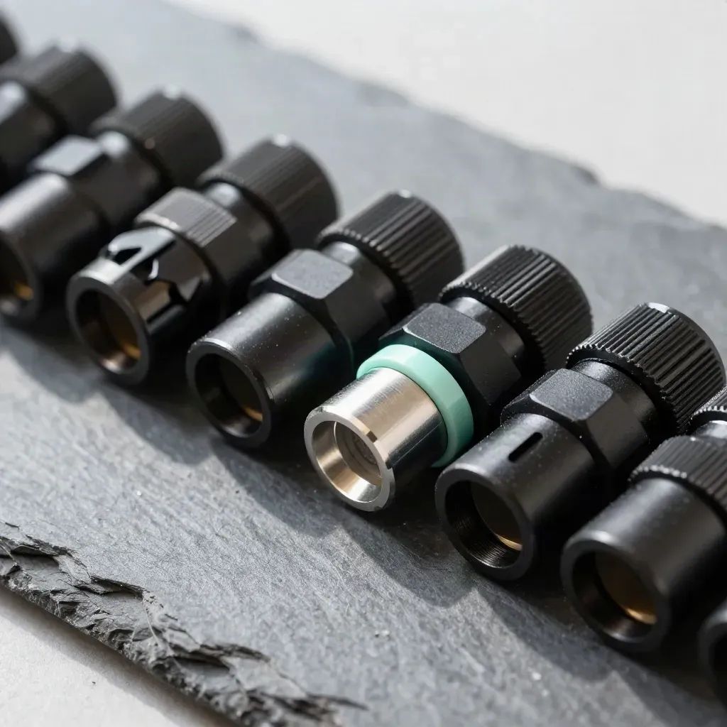 Matte-black connectors and an aluminum spacer aligned on slate with a mint accent