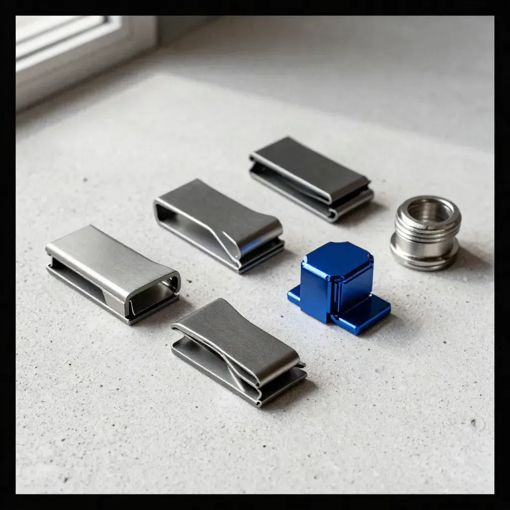 Top-down still life of rack clips, cable cradle and metal coupling on pale concrete with blue accent.