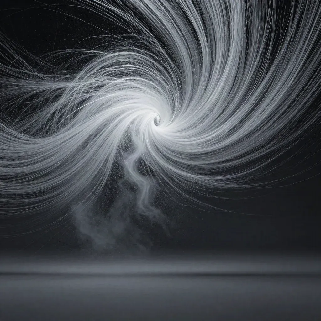 Silver filaments converge into a soft white bloom in a dark graphite abstract haze.